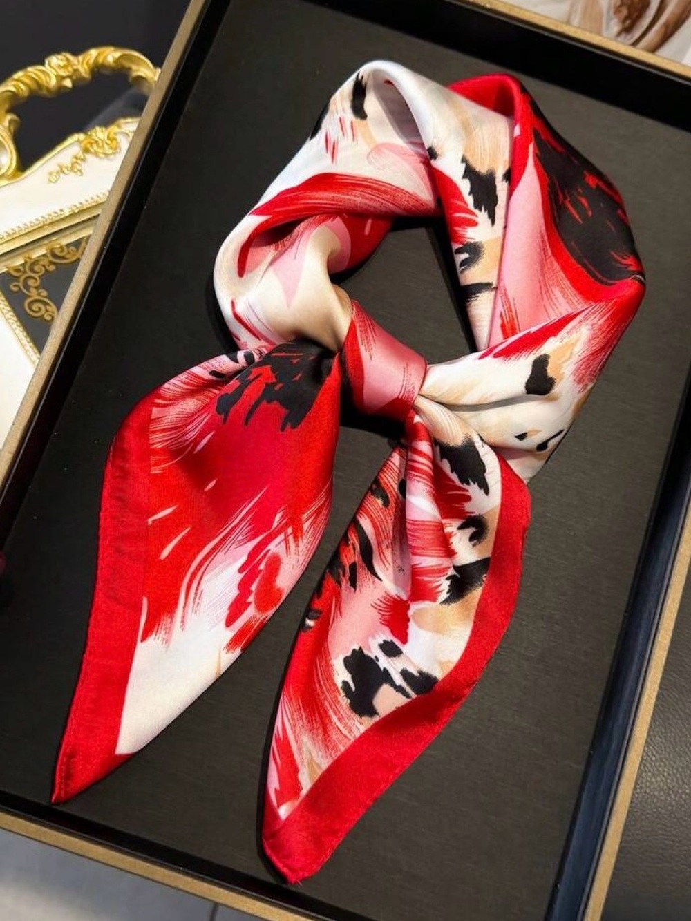 Red + ivory floral wild rag silky western scarf, new!